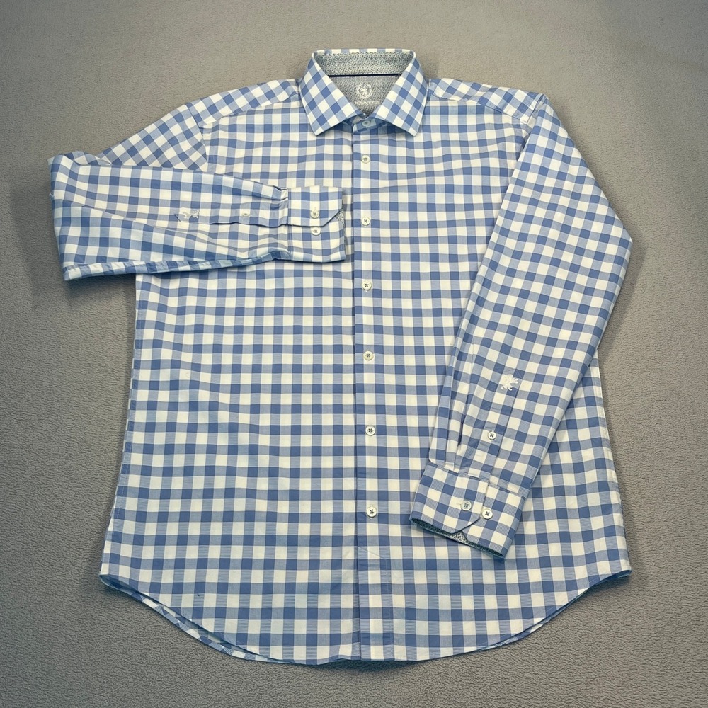 Bugatchi Uomo Mens Blue White Gingham Check Button Down Shirt 16.5 34/35 L